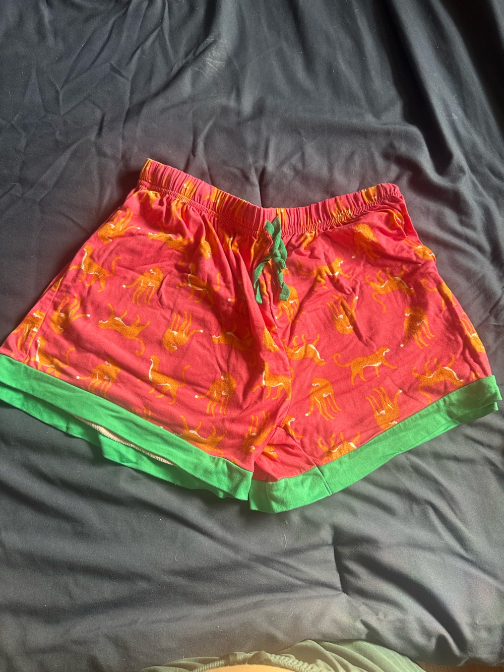 Red Cat Print Sleep Shorts with Green Trim